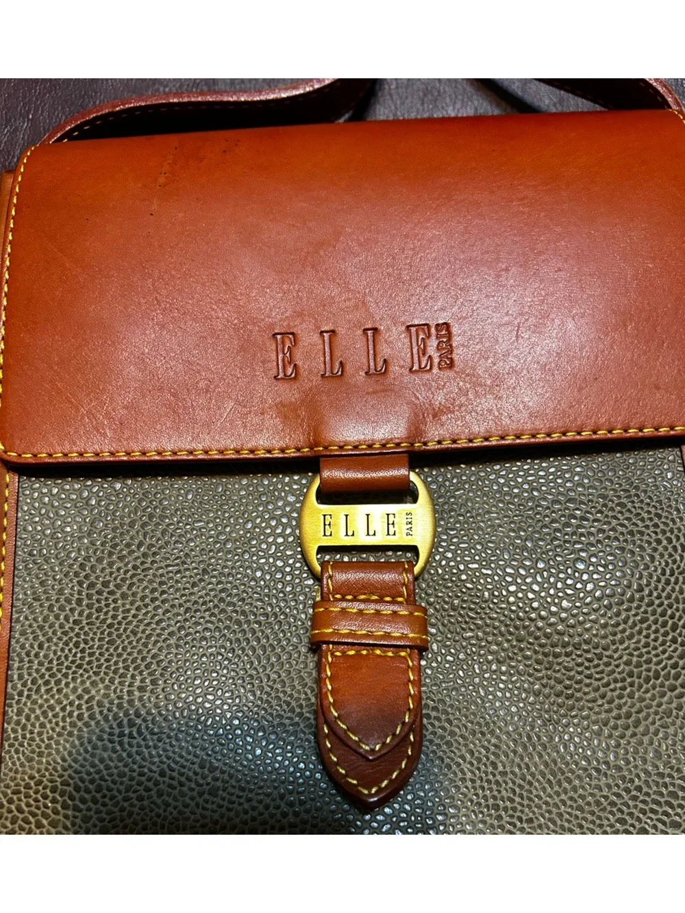 Elle Olive Green and Tan Leather Messenger Crossbody (see description)